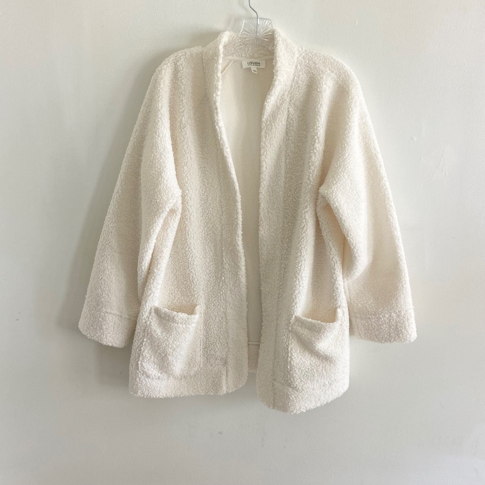 Haven Well Within Sherpa Fleece Open Front Cardigan Jacket Cream White Large